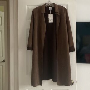 Zara Basics Faux Suede Open Front Duster in brown - Size S